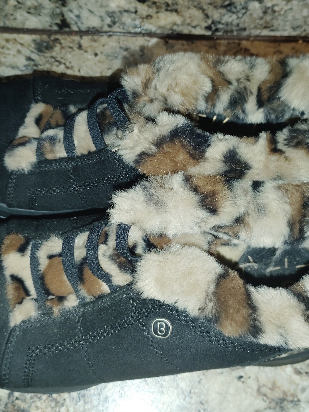 Breezies Black Slip-On Cozy Faux-Fur Trim Slippers with Leopard Print - Picture 3 of 5